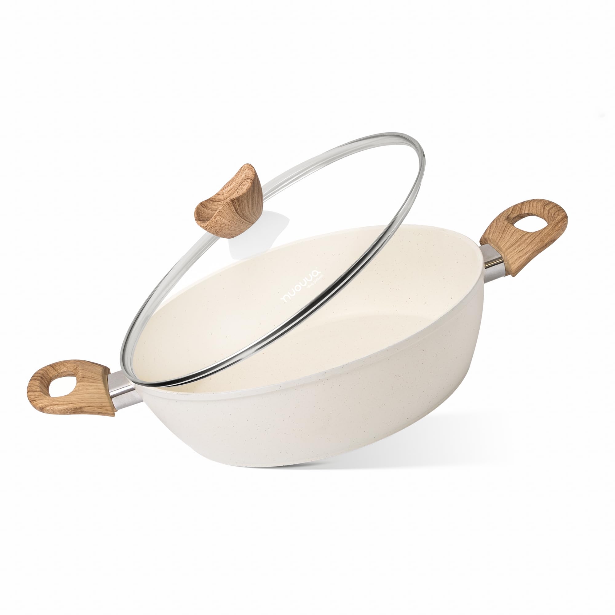 Non Stick Cooking Pots with Glass Lid – 3.1 Quart Induction Hob Stock Pot – Kitchen Shallow Casserole Cookware – 26cm, Cream – by Nuovva