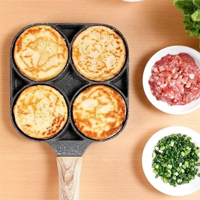 Image of Versatile Non-Stick Frying Pan 4-Hole Design with Detachable Wooden Handle - Perfect for Omelets, Uttapam, Idli, Burgers, and Poached Eggs at Kitchen Breakfast