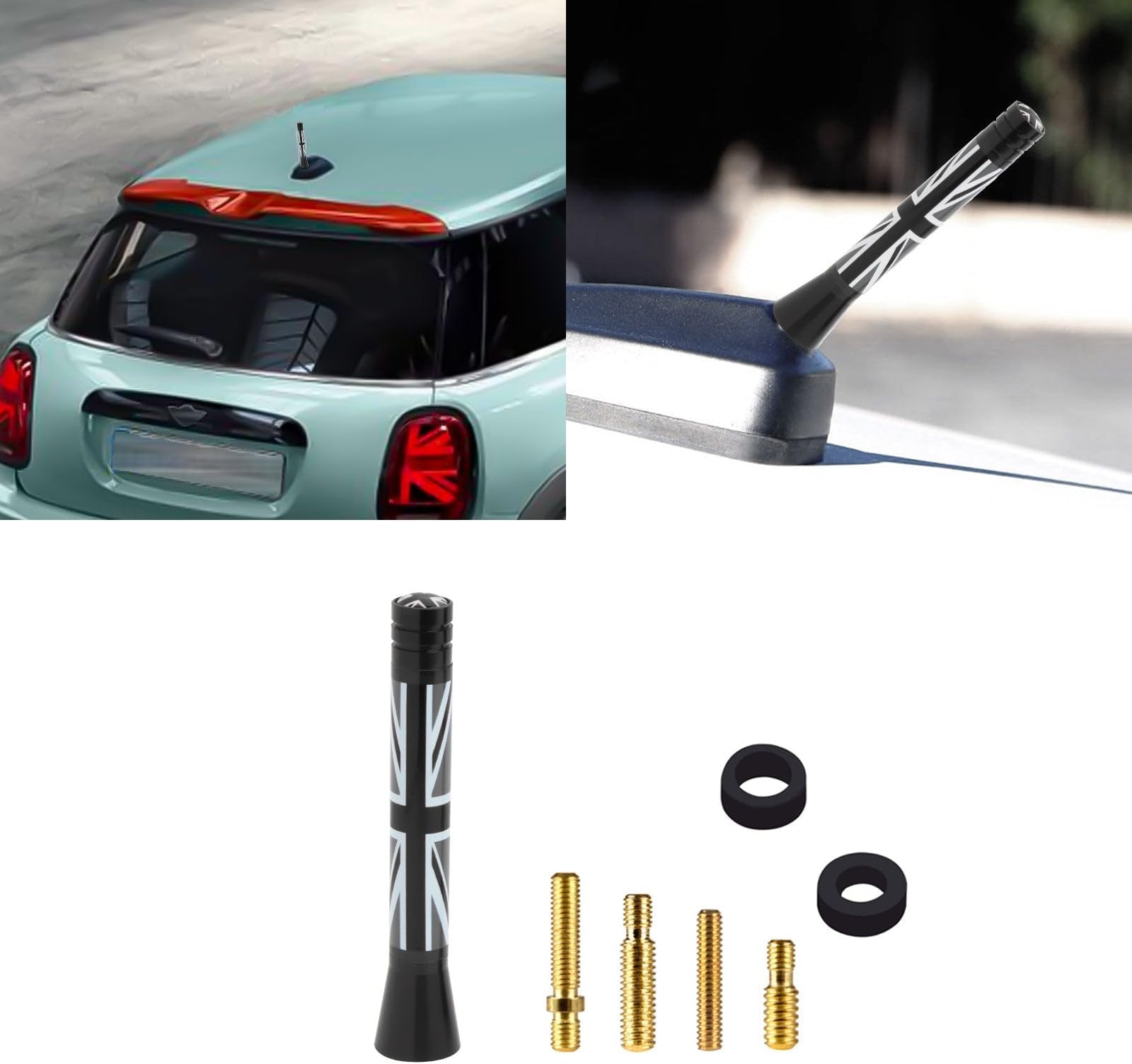 x xotic tech Car Short Antenna Union Jack Flag Theme Compatible with Mini Cooper All Models 3"(Black/Grey)