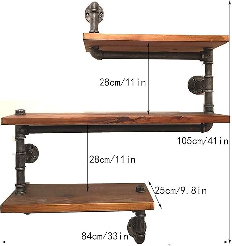 Miniatura 2 de Estantería de tubo industrial Pipe, madera moderna rústica, 3 estantes de pared de tubos escalonados, tubo de hierro forjado, estantería de diseño,