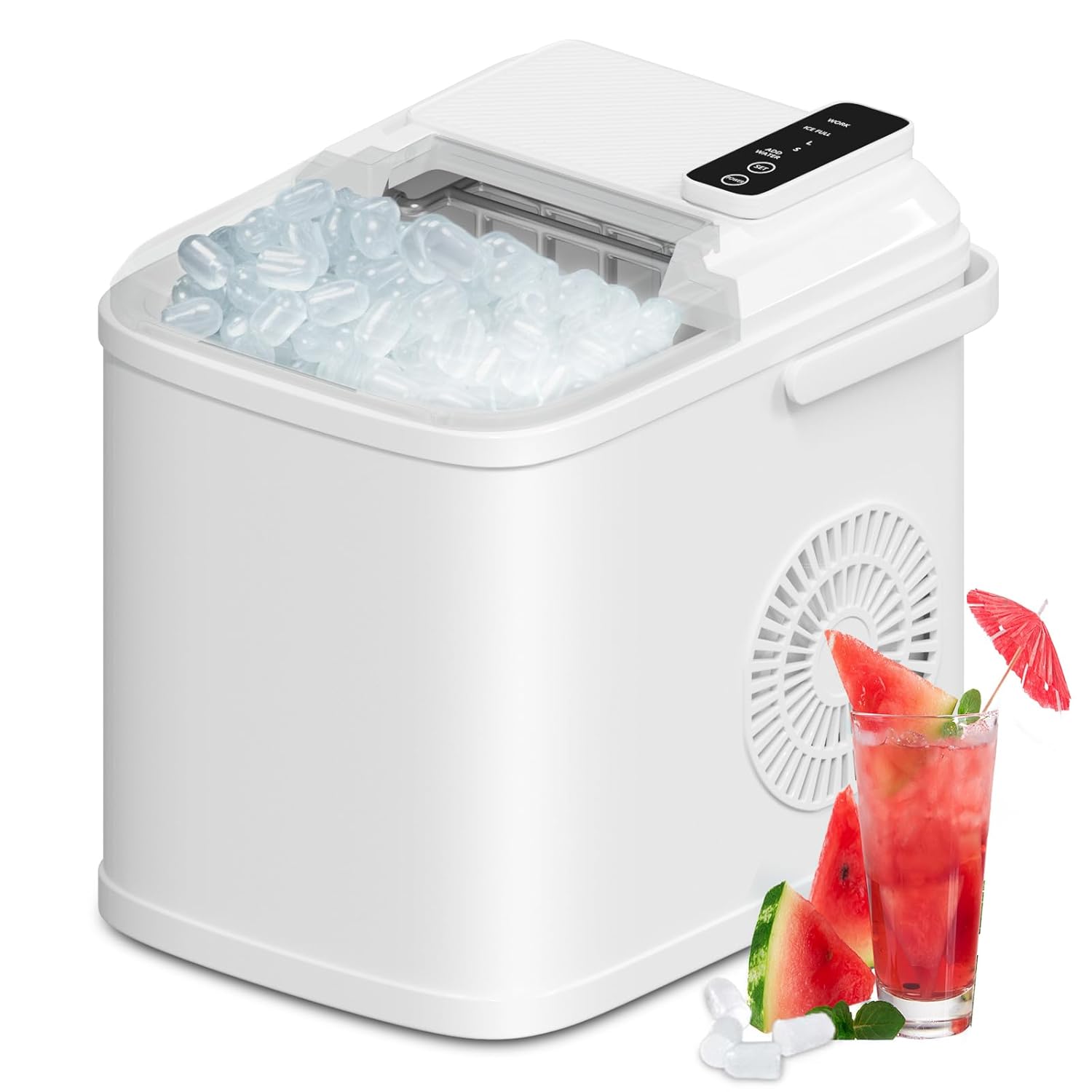 Portable Countertop Nugget Ice Maker Machine with Handle, 9 Bullet Ice Cubes in 6 Mins,26lbs/24H,Self-Cleaning,with Ice Scoop and Basket, 2 Sizes Ice for Home, Kitchen, Office, Bar, Camping