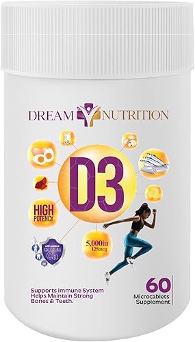 Dream Nutrition Ultra Potency Vitamina D3 5000IU apoya el sistema inmunológico, la función muscular saludable y huesos y dientes fuertes, sin OMG,