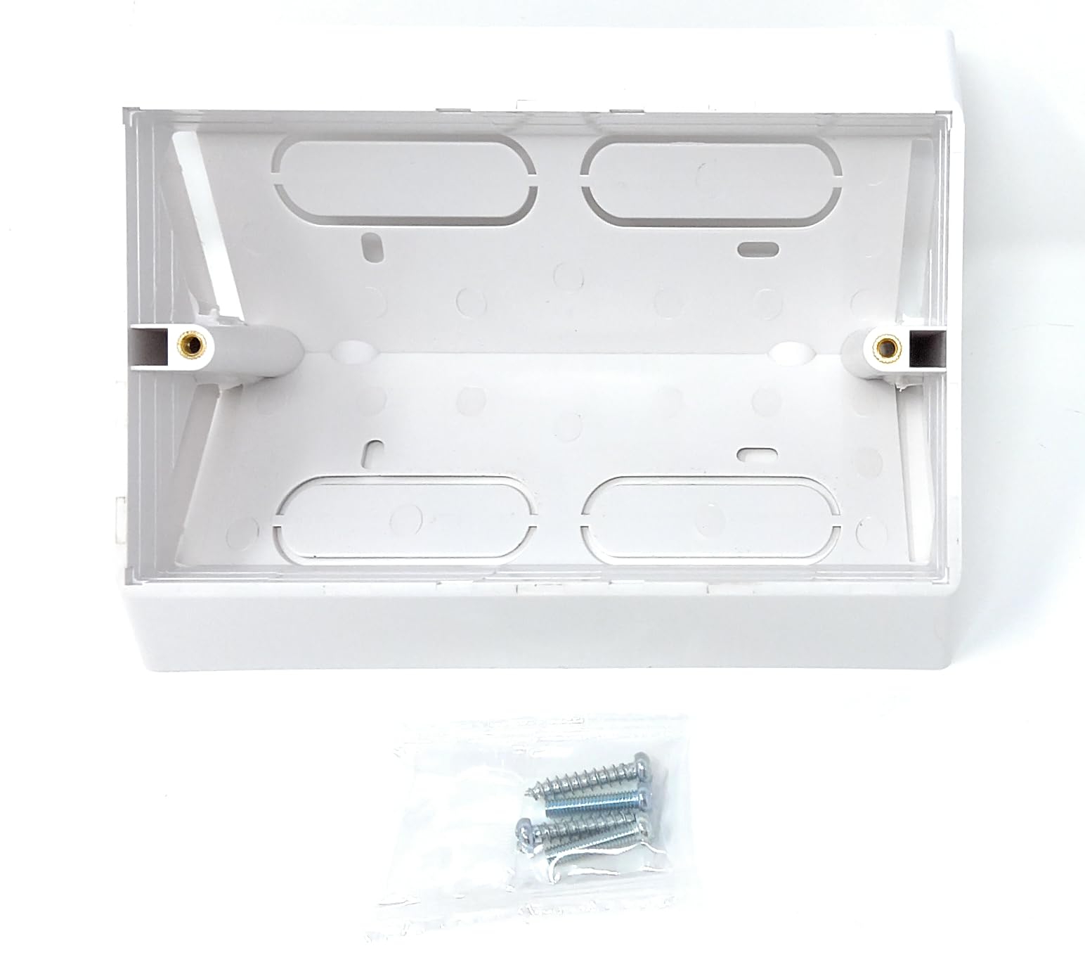 White Double 2 Gang Pattress Electrical Back Box for Faceplates 45 Degree Angled Surface Mount for WorkBench 146mm x 85mm