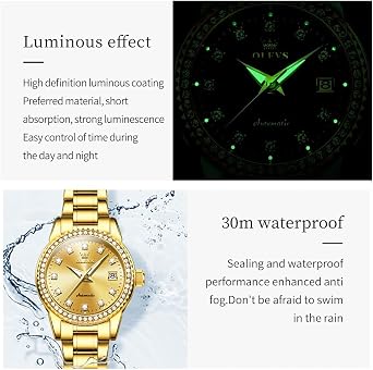 OLEVS Ladies Diamond Watches Automatic Mechanical Luxury Dress Classic Self Winding Stainless Steel Wrist Watch for Women(Gold/Blue/Black/White Dial)