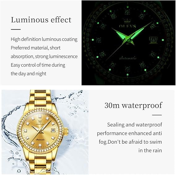 OLEVS Ladies Diamond Watches Automatic Mechanical Luxury Dress Classic Self Winding Stainless Steel Wrist Watch for Women（Gold/Blue/Black/White Dial）