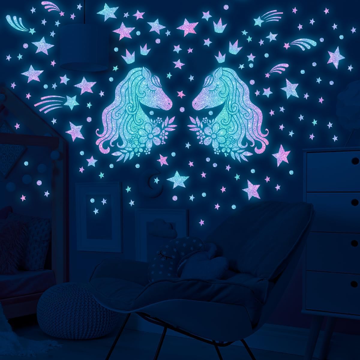 33.46 x 20.47 Inch Glow in The Dark Unicorns Wall Decals Unicorns Stars Wall Stickers Blue Luminous Glow Stars Ceiling Stickers Decor for Baby Girls Boys Bedroom Ceiling Nursery Room - Image 2