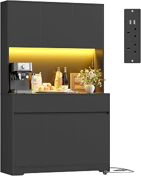 FirFurd Kitchen Cupboard 180cm Tall Cabinet Kitchen Sideboard Storage Cabinet with LED, Power Outlet, Adjustable Shelves, 2 Drawers, 6 Doors, Large Countertop 180x100x38.5 cm Black