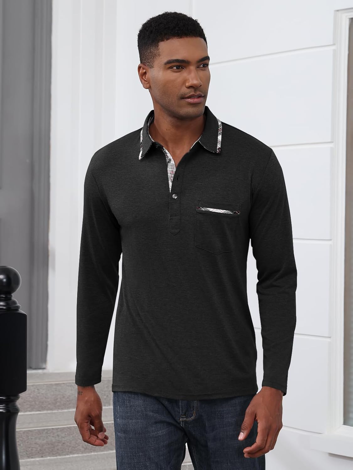 Mens Long Sleeve Polo Shirts Casual Button Moisture Cotton Tees Stylish Tops Golf Shirts with Pocket - Image 2