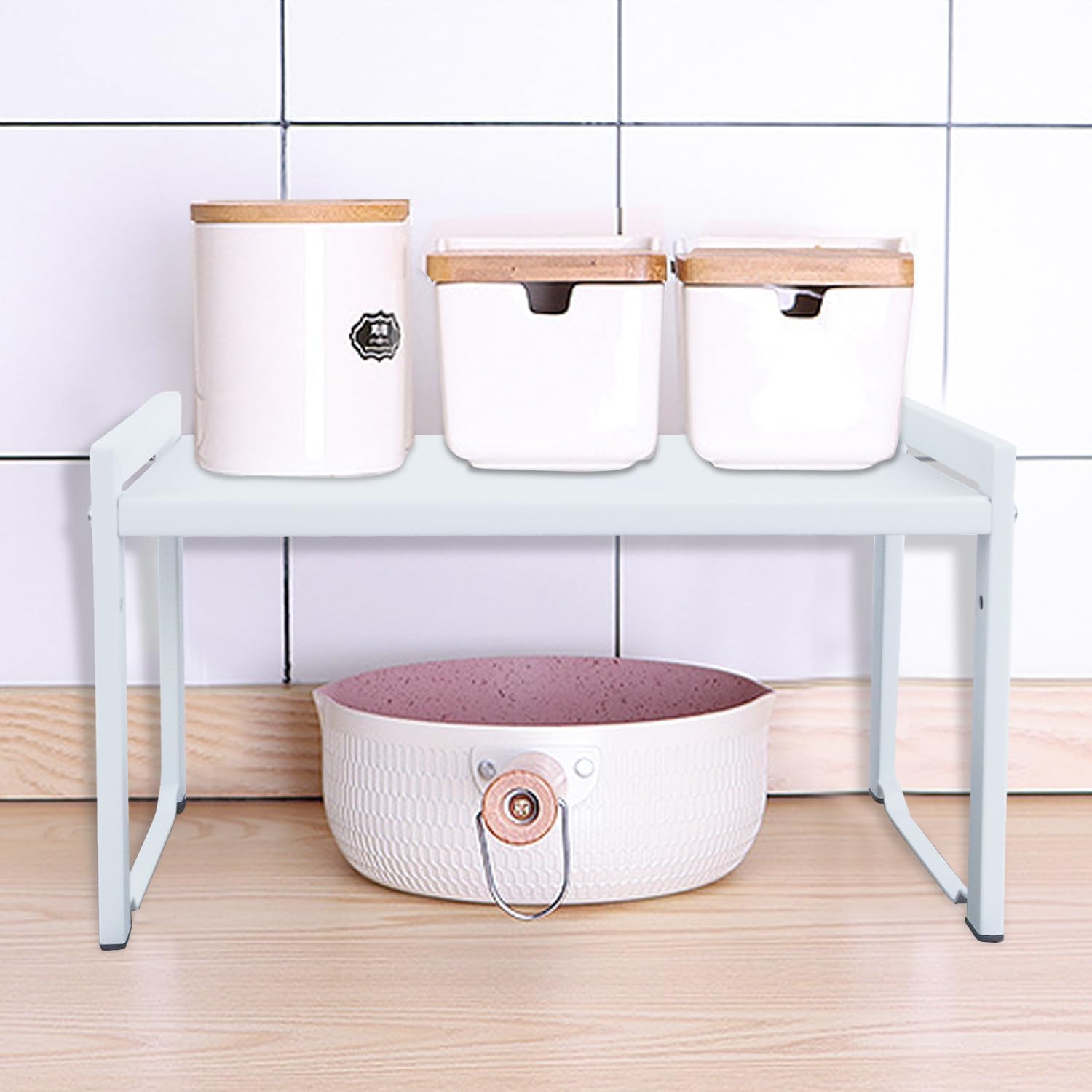 Étagère Cuisine Extensible 35-66 cm - Rangement Épices Cuisine Réglable et Empilable pour Comptoir,Réglable pour Placard,Étagère d'armoire extensible - Solution de Stockage Culinaire(1 paquet blanc L)