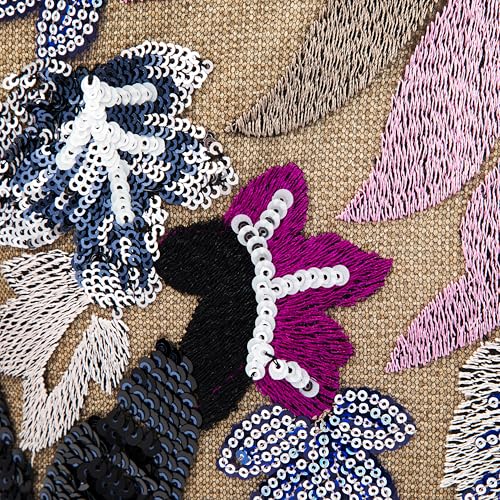 Image of Rattan Wood Handle Sequin Embroidered Floral Beach Bag Tote for Vacation and Wedding Party