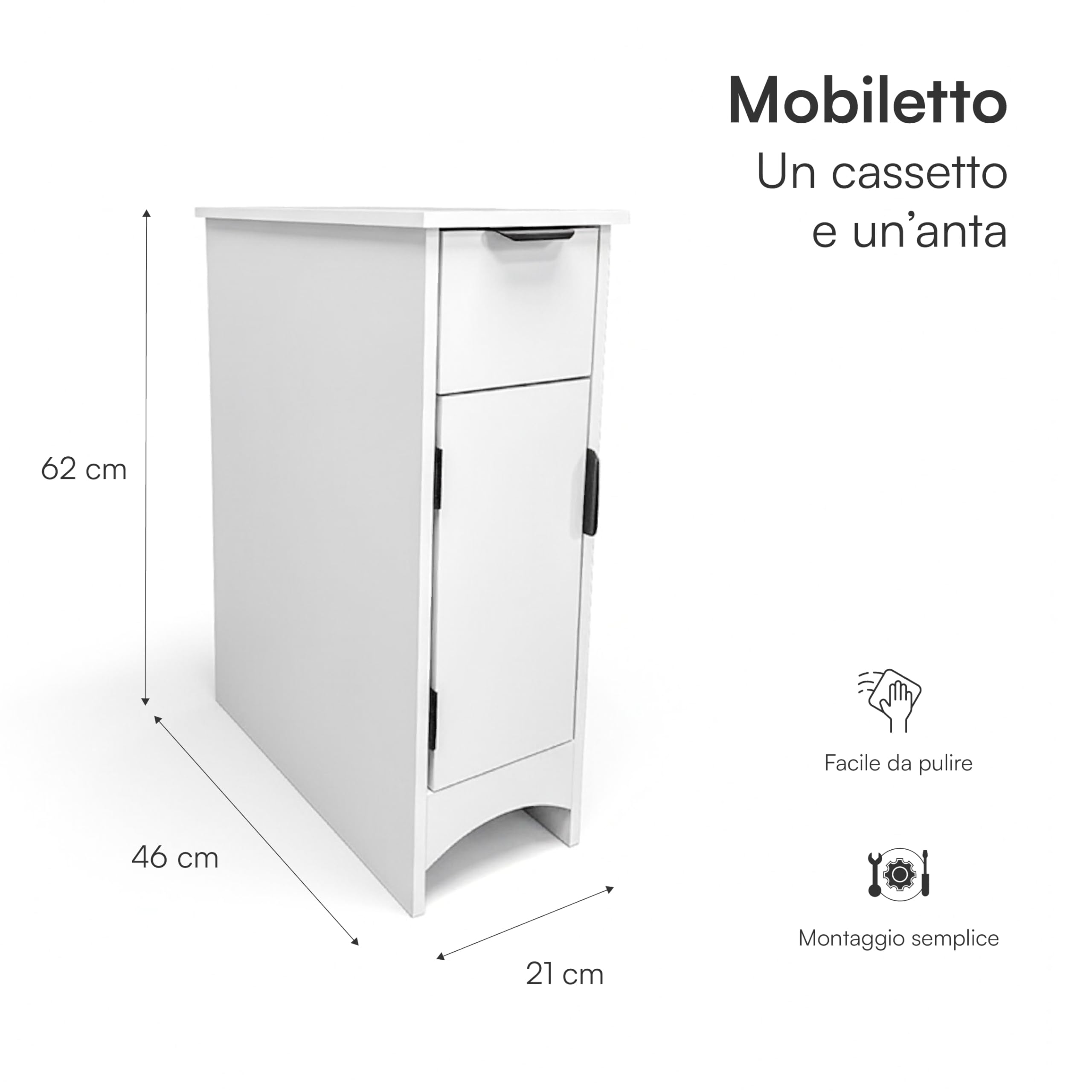Baroni Home Colonna Bagno Salvaspazio, Mobile Alto con Ripiani Aperti e Ante, Armadietto Multiuso, Colonnina Moderna per Bagno, Cucina e Camera da Letto, 21x46x62 cm 1 Anta 1 Cassetto Bianco