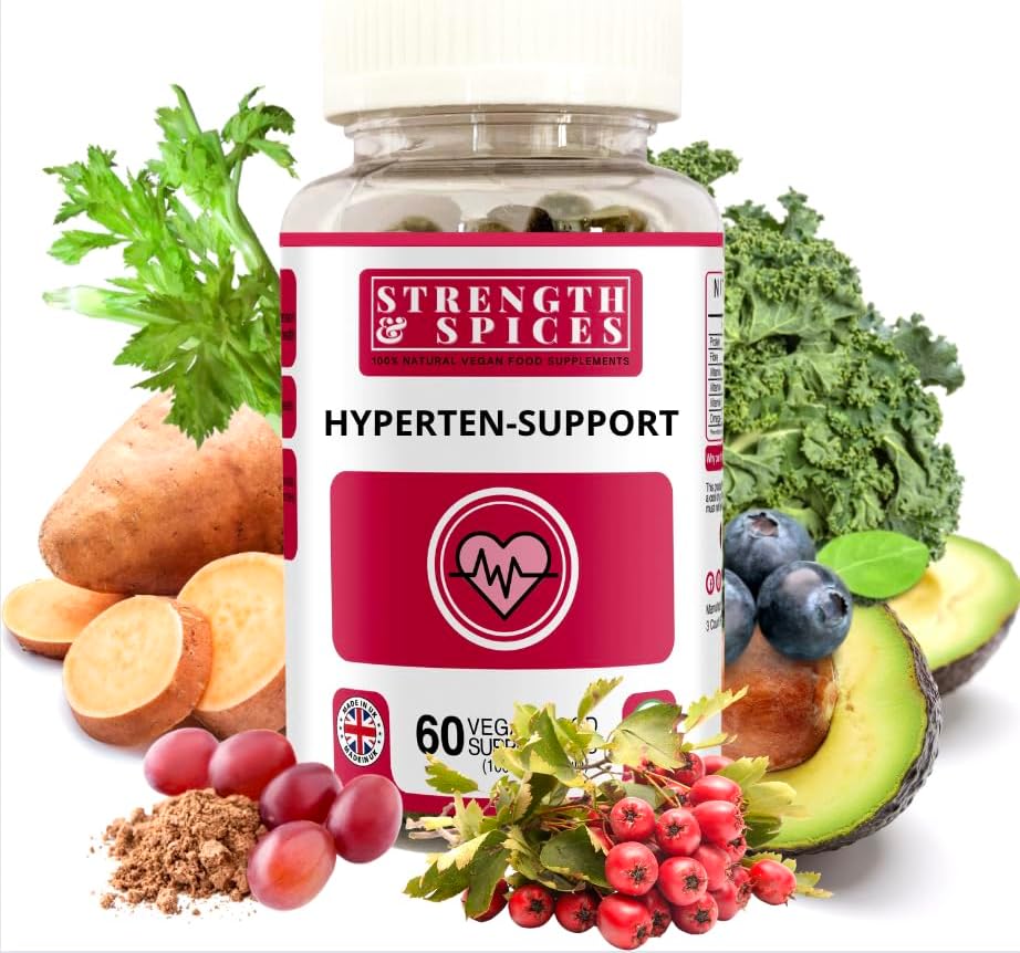 Fuerza y especias - Hypertensupport, suplementos para las funciones inmunológicas y cardíacas, a base de plantas con 15 ingredientes naturales, 1000