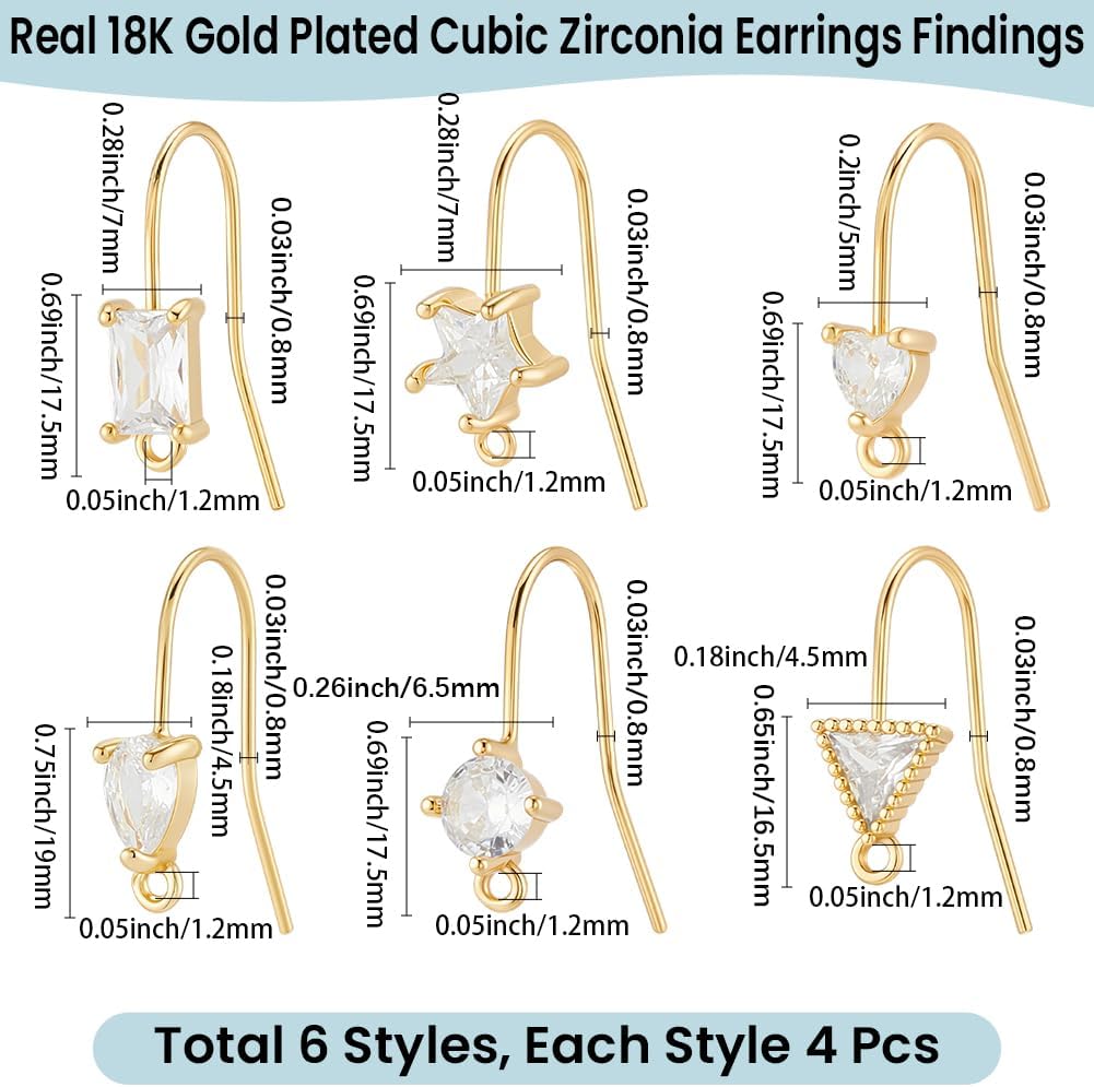 Beebeecraft 1 Box 24Pcs Cubic Zirconia Earring Hooks 18K Gold Plated Brass 6 Styles Fish Hooks Long Ear Wires with Loop for DIY Earring Jewelry Making 16.5~19mm - Image 2