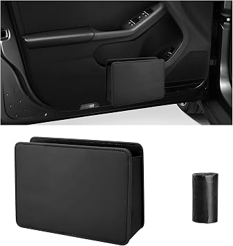 Car Trash Can, Foldable Auto Dustbin Mini Garbage Can with One Roll Trash Bag, Waterproof Door Hanging Storage Organizer Leather Waste Container for Cars Trucks SUVs Black