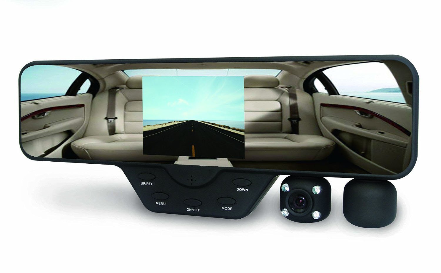 Front view of Black Box M1000 Dash Cam with screen displaying a road scene
