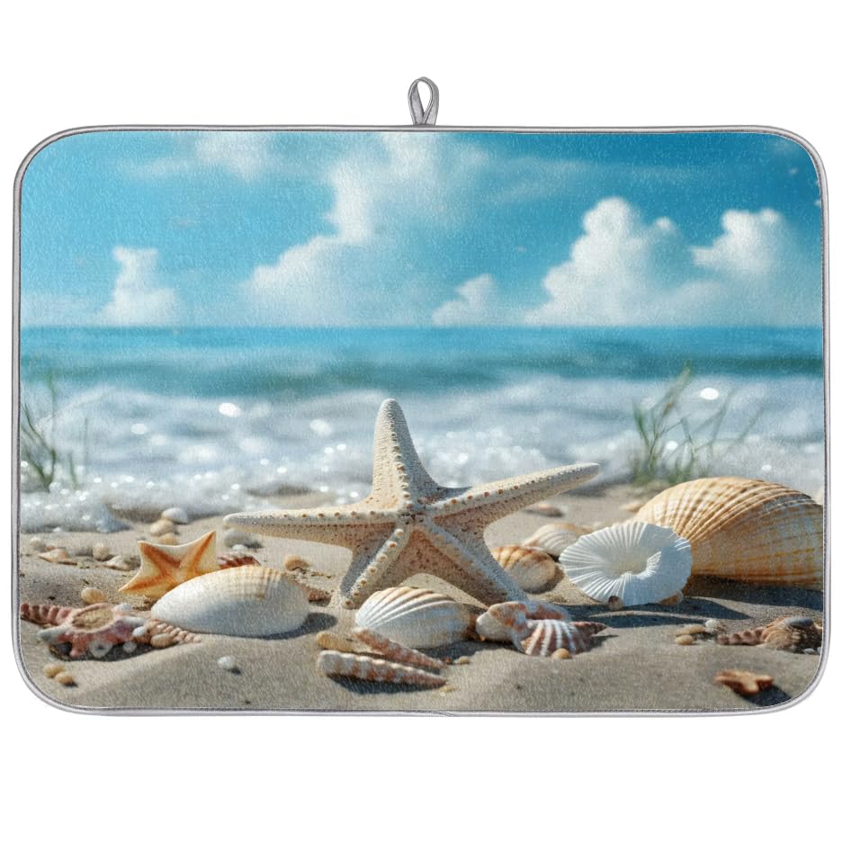 HoneybabyDish Drying Mat Starfishes Sea Shells Dish Drying Mats for Kitchen Counter Absorbent Kitchen Drying Mat Dish Rack Mat 16x18 inches