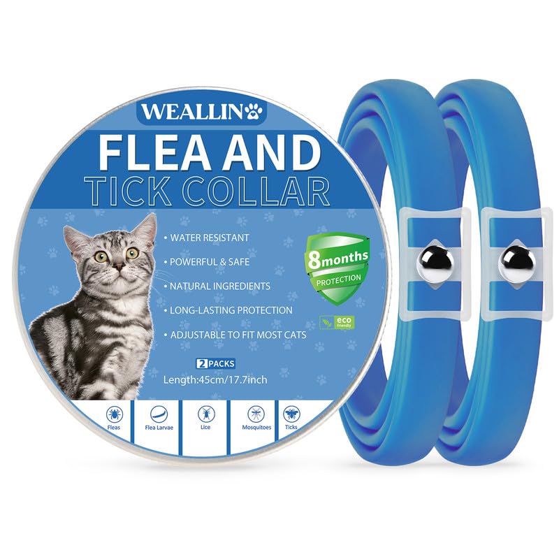 WEALLIN Collar Antipulgas para Gatos, Collar Antipulgas y Garrapatas para Gatos, Protección Eficaz para 8 Meses, Collar Natural Antipulgas Ajustable Impermeable para Gatos, Azul(2 Pack)