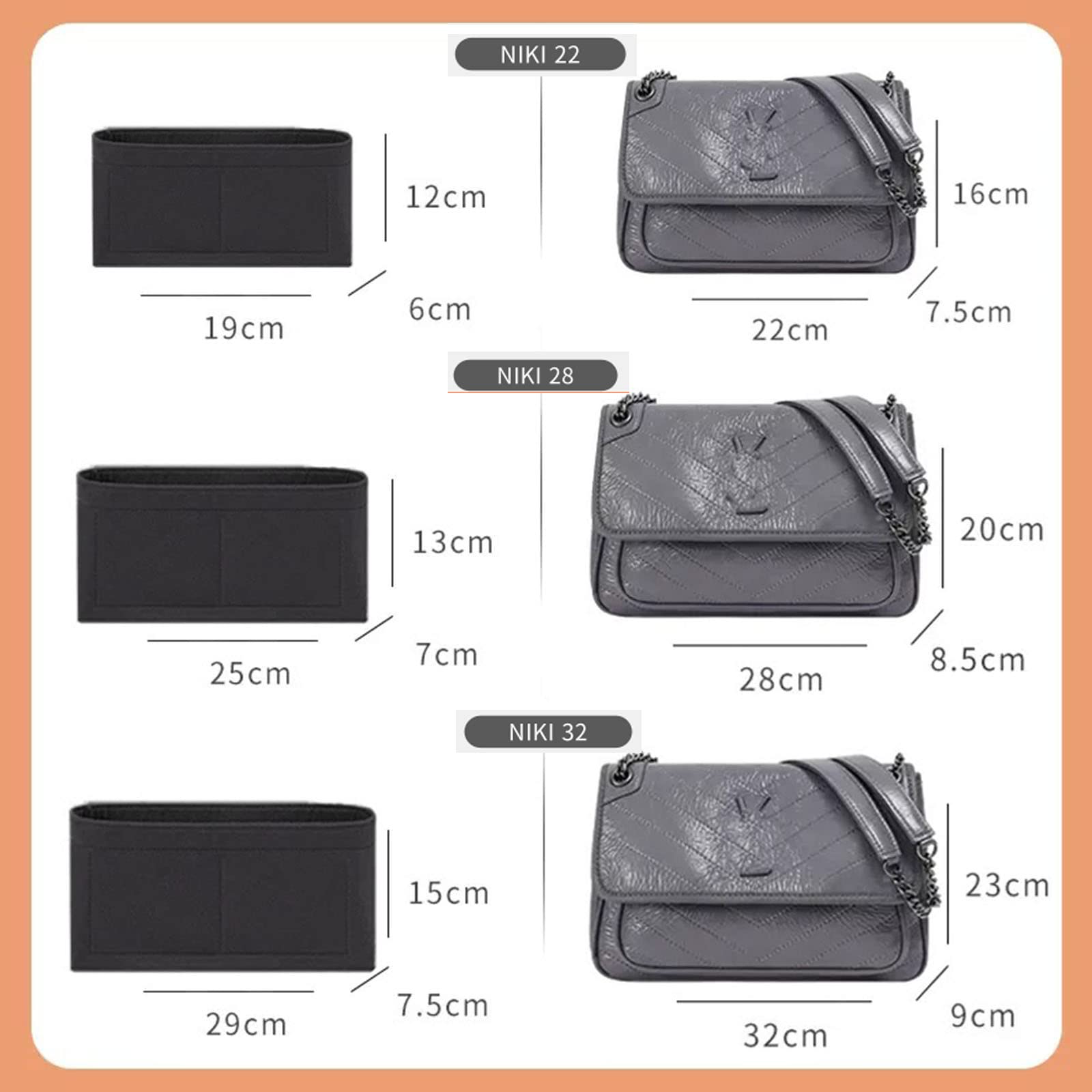 Lckaey Organizador de fieltro para bolsa niki 22 28 32 2043 negro - S
