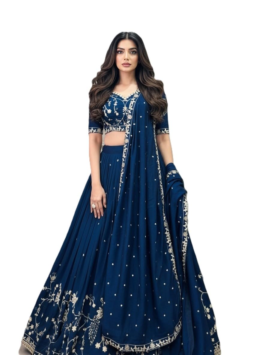 Embroidered Semi Stitched Lehenga Choli with Dupatta for Women | Heavy Threadwork & Mirror Detailing | Wedding, Festive | (Free size)