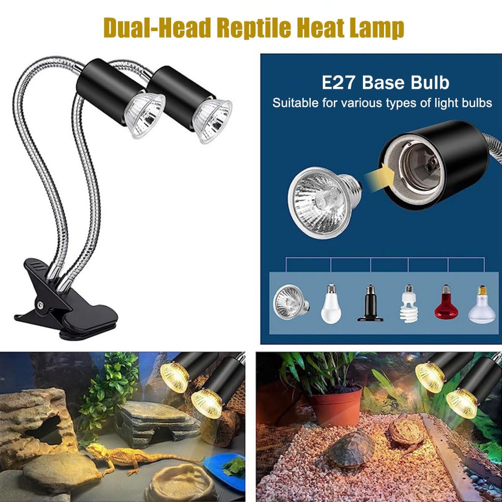 KINGYEENUO Lampe de Chaleur à Double Tête pour Reptiles avec Minuteur, 3 Ampoules: 2x50W 1x25W UVA + UVB E27 Basking Lumière, Lampe à Pince Rotative à 360 ° avec Commande Séparée pour Tortue, Lézard