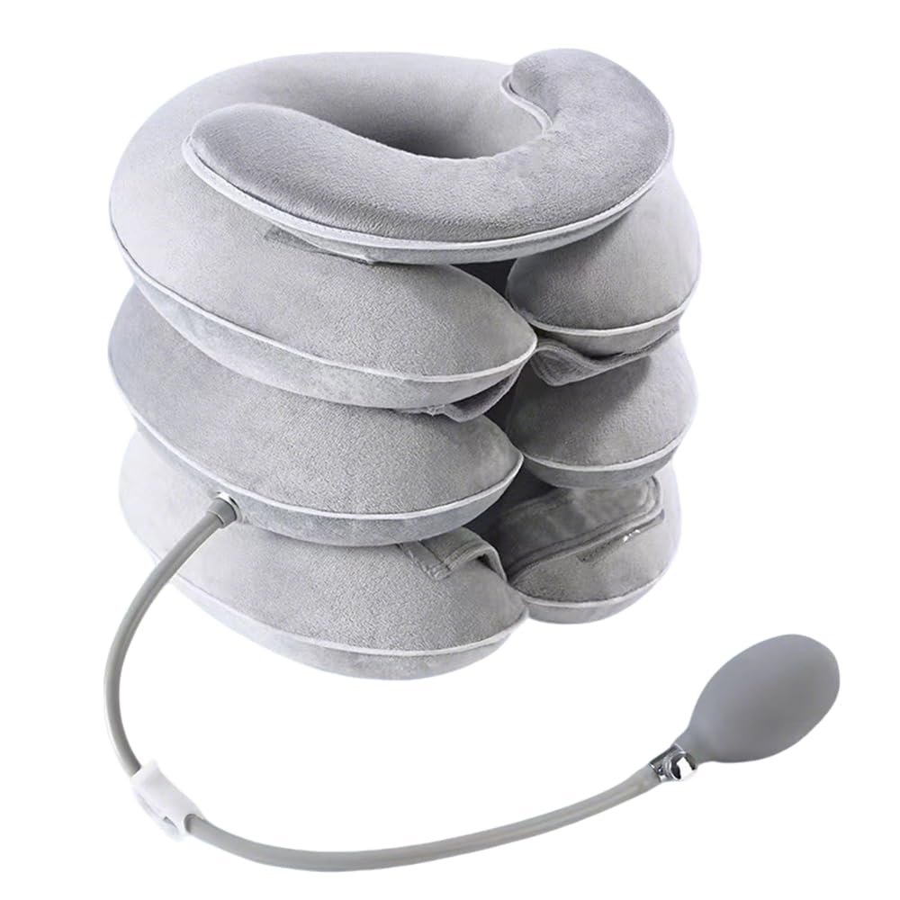 Étireur cervical gonflable, Soutien du cou avec conception d'étirement à 3 niveaux et support mentonnier, Oreiller cervical gonflable, Minerve pour le soulagement des douleurs chroniques (Gris clair)
