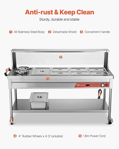 Miniatura 5 de VEVOR Calentador de alimentos eléctrico comercial, 7 sartenes + 2 ollas, mesa de vapor de 1800 W, calentador de alimentos profesional con ruedas de
