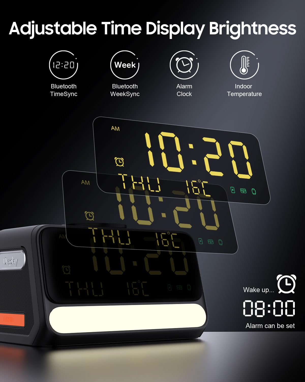 Stazione di ricarica wireless 7-in-1 con sveglia, luce notturna a controllo vocale, temperatura e data, 33W, supporto di ricarica rapida compatibile con telefoni iPhone Samsung, Apple/Samsung Watch