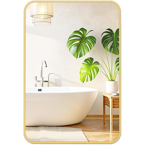 Fabuday Gold Bathroom Mirror for Over Sink Wall - 24x36 Rectangle Mirror with Golden Metal Frame, Large Rounded Rectangular Vanity Mirrors for Bedroom, Living Room, Entryway, Horizontally/Vertically
