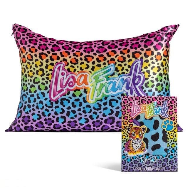 Kitsch x Lisa Frank Satin Pillowcase with Zipper for Hair & Skin, Softer Than Silk Pillow Cases Queen, Wrinkle-Free, Smooth and Cooling Satin Pillow Covers Standard/Queen Size 19x26 - Rainbow Leopard