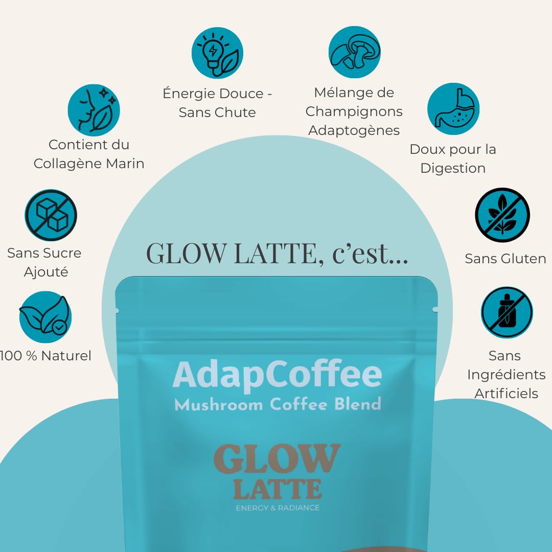Glow Latte – Café Latte Instantané aux champignons adaptogènes & Collagène Marin - Lion’s Mane & Reishi – Focus, Vitalité & Bien-être - Crémeux & Gourmand - Sans Sucre Ajouté – 30 Tasses – ADAPCOFFEE