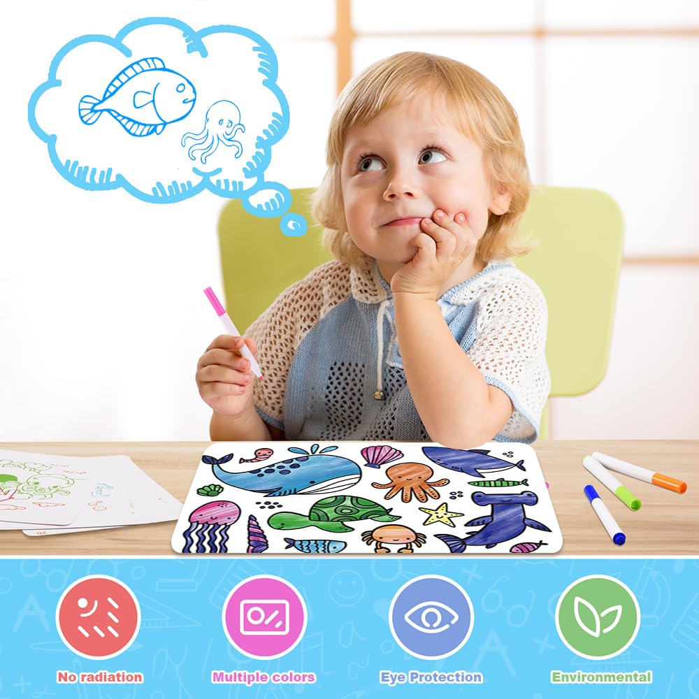 Lot de 2 sets de table à colorier en silicone pour enfants avec 12 marqueurs, 37 x 25 cm, lavables et réutilisables pour loisirs créatifs