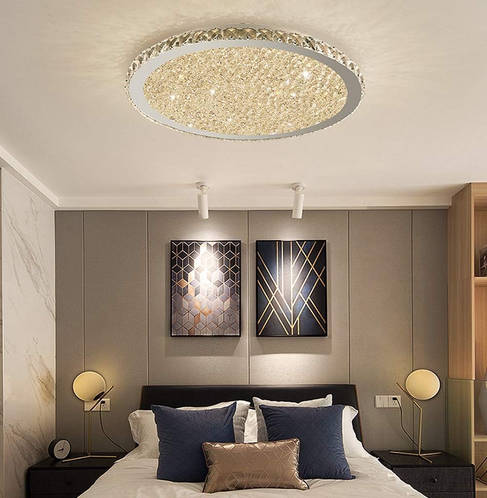 Crystal Round LED Flush Mount Ceiling Light Luxury Modern Close to Ceiling Light Indoor Chandelier Lighting Fixture for Living Room Bedroom Dining Room Restaurant (12'', Stepless Dimming)