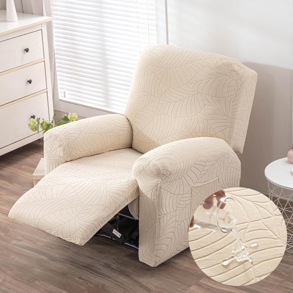 Highdi Impermeable Funda de Sillón Relax Reclinable, Elástica Jacquard Funda Reclinable 4 Piezas con Bolsillos Laterales, Antideslizante Extraíbles y Lavables Fundas Protector (Beige)