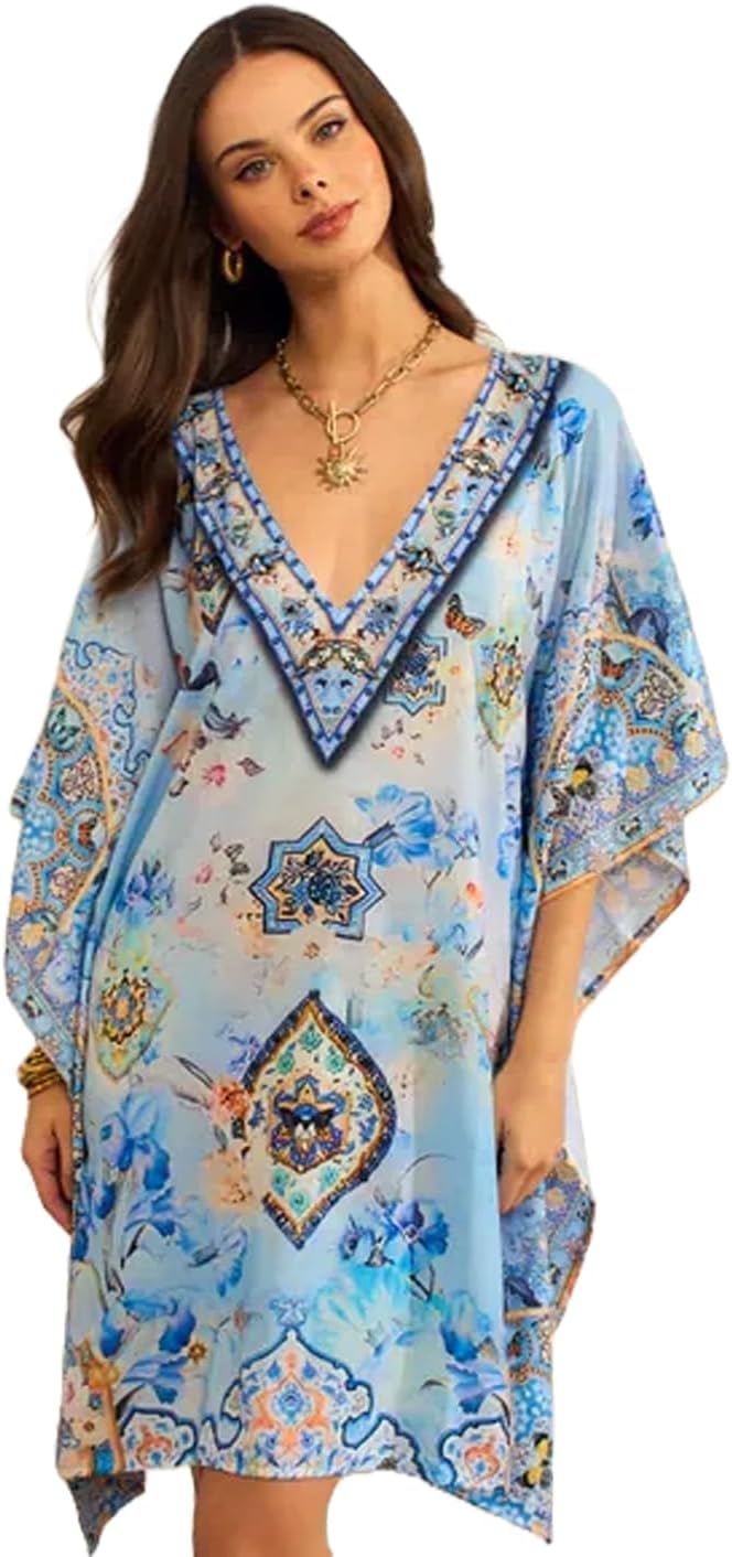 Trillion London Women's Viscose Cotton Kaftan Beach Bikini Cover-Up|Maxi Dress|Swimwear Caftan Loungewear|Fit UK Size 6 to 14