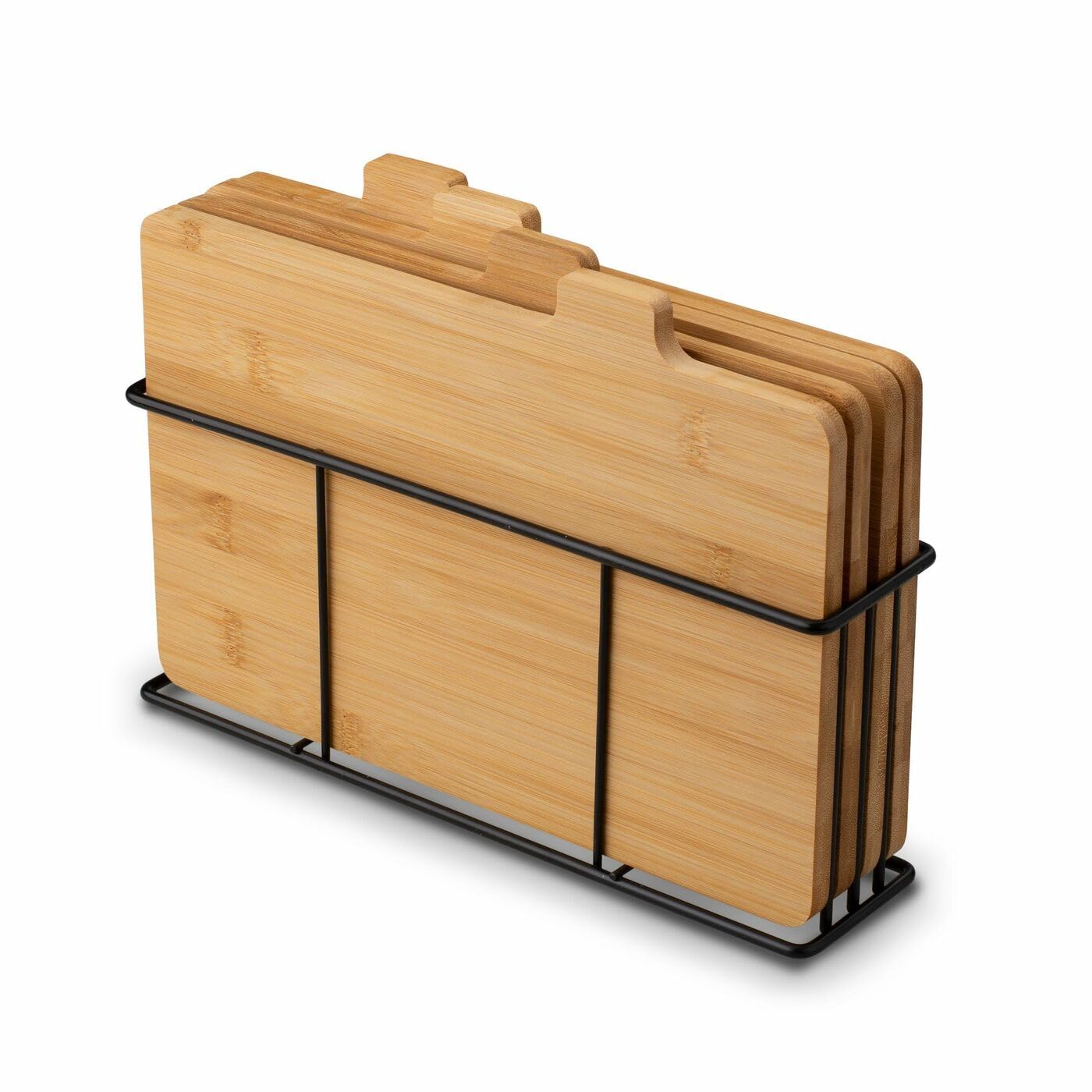 Juego de 4 tablas de cortar con soporte de cedro, un juego de tablas de cocina de bambú en un soporte de metal negro, tabla de cortar