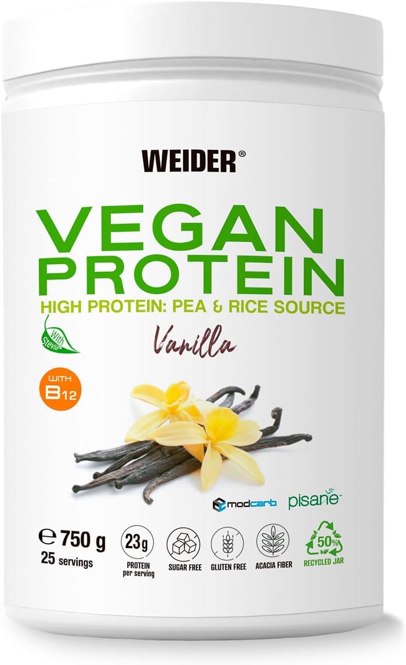 Weider Vegan Protein 750 g - Izolat Białka Grochu i Ryżu, Z Witaminą B12 i Stewią, Bez Glutenu i Cukru, W 100% Nadające się do Recyklingu, Smak Waniliowy