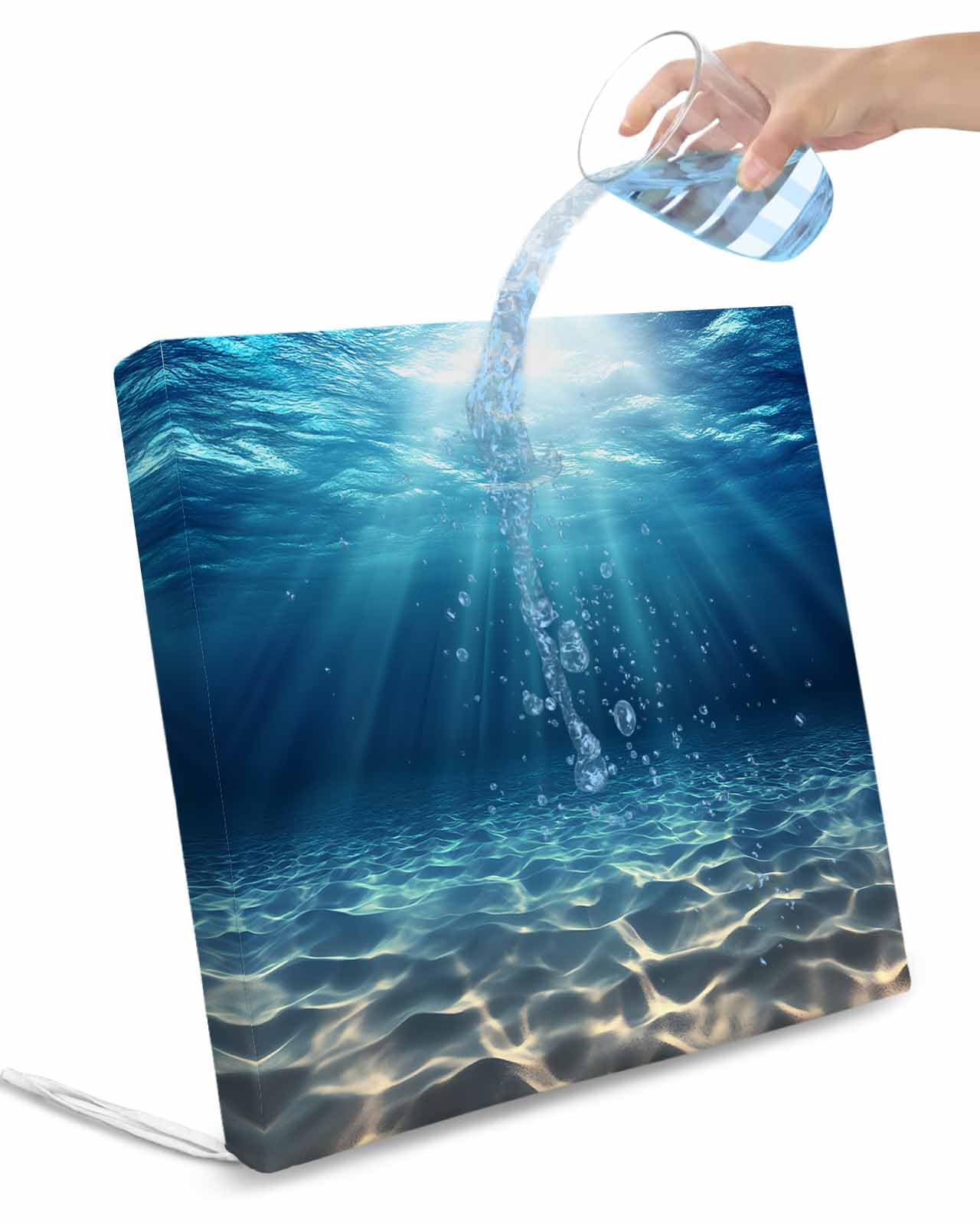 2 Pack Ocean Blue Waterproof Cushion Covers with Ties, Outdoor Patio Chaise Lounge Chair Seat Cushion Slip Covers Replacement(Only Cover) Underwater Sun Light Coastal Sea Scenery 20