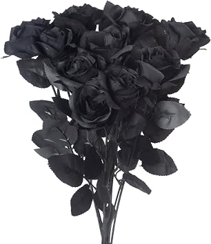 10pcs Artificial Black Rose Flowers, Single Stem Fake Silk Flowers Bridal Wedding Bouquet Black/10pcs