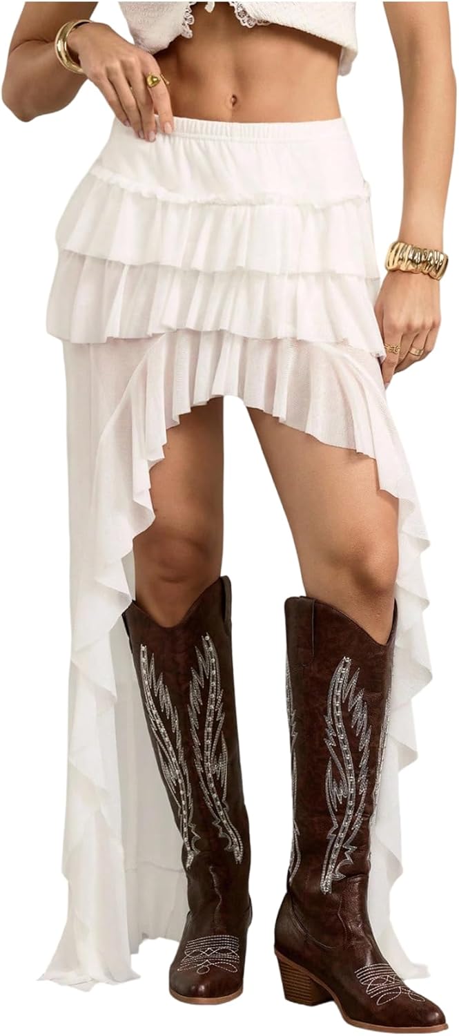 SOLY HUX Women's Layered Ruffle Mesh Maxi Skirt Y2k Boho Western High Low Asymmetrical Flowy Skirts