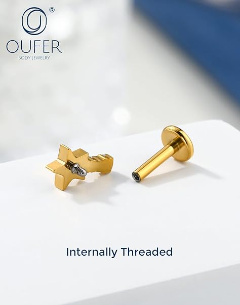 OUFER Body Piercing Helix Earring: 16G Titanium Star CZ Labret Piercing Jewelry Internally Threaded 6mm Bar Gold/Silver Cartilage Tragus Lip Piercings for Women - 5