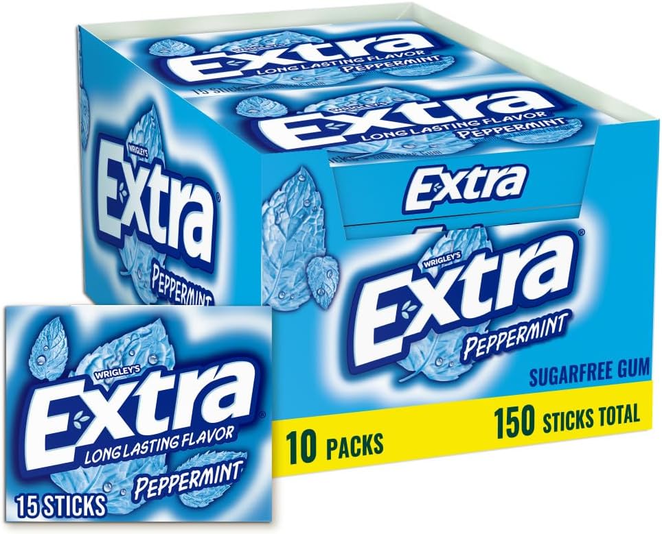 Extra Gum Peppermint Chewing Gum Bulk, Individually Wrapped, Perfect for Fresh Breath at School, Work, and Travel, 15 Count (Pack of 10)