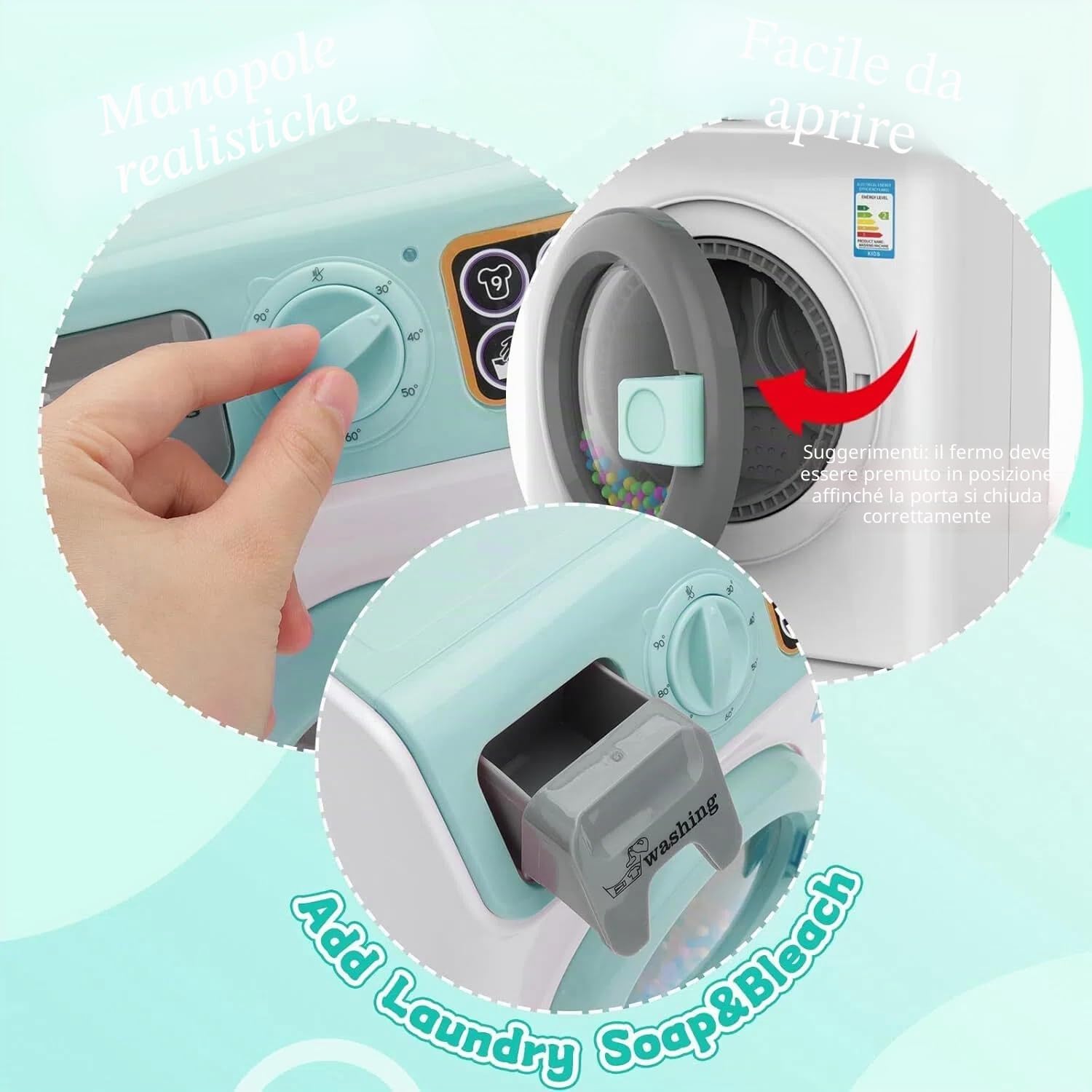 deAO Lavatrice Giocattolo per Bambini, Elettronico Giocattolo Lavatrice con Suoni Realitici, Detersivo, Cesto Della Biancheria, Gioco di Lavanderia per Bambini