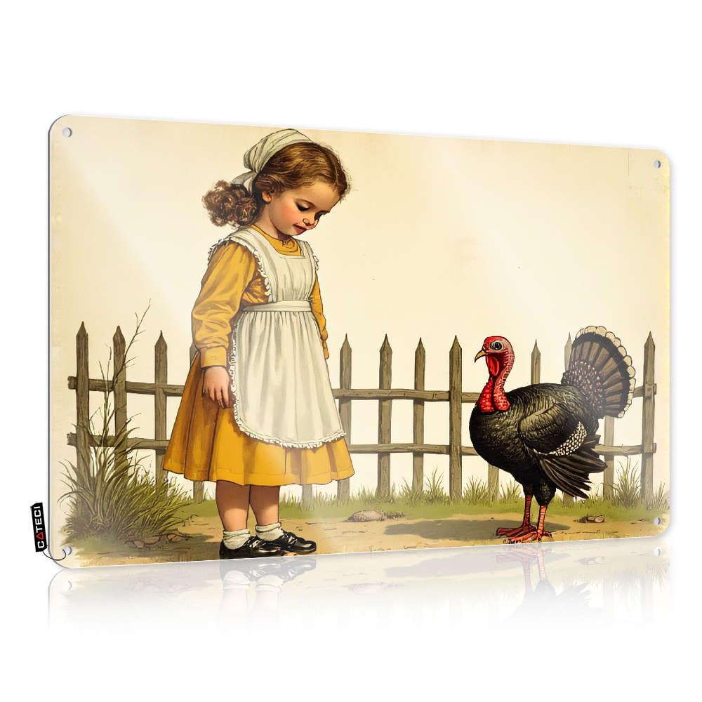 Flags For Room Guys Funny A Girl In An Apron Looks At A Turkey. Tin Sign Porch Sign Man Cave Furniture(20X30CM)