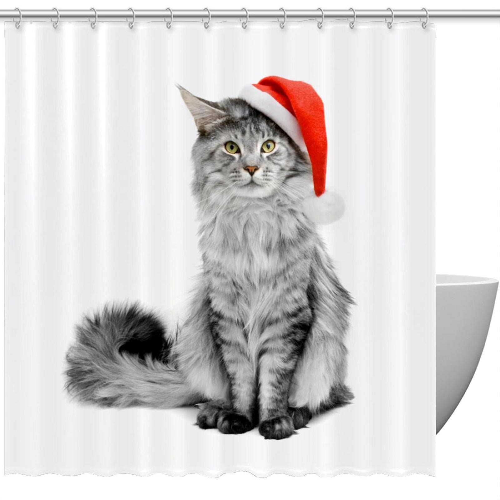 Rideau de douche chat gris en tissu lavable pour decoration de salle de bain