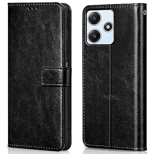Image of WOW IMAGINE Shock Proof Flip Cover Back Case Cover for Mi Redmi 12 5G | Redmi 12 4G | Poco M6 Pro 5G (Flexible | Leather Finish | Card Pockets Wallet & Stand | Black)