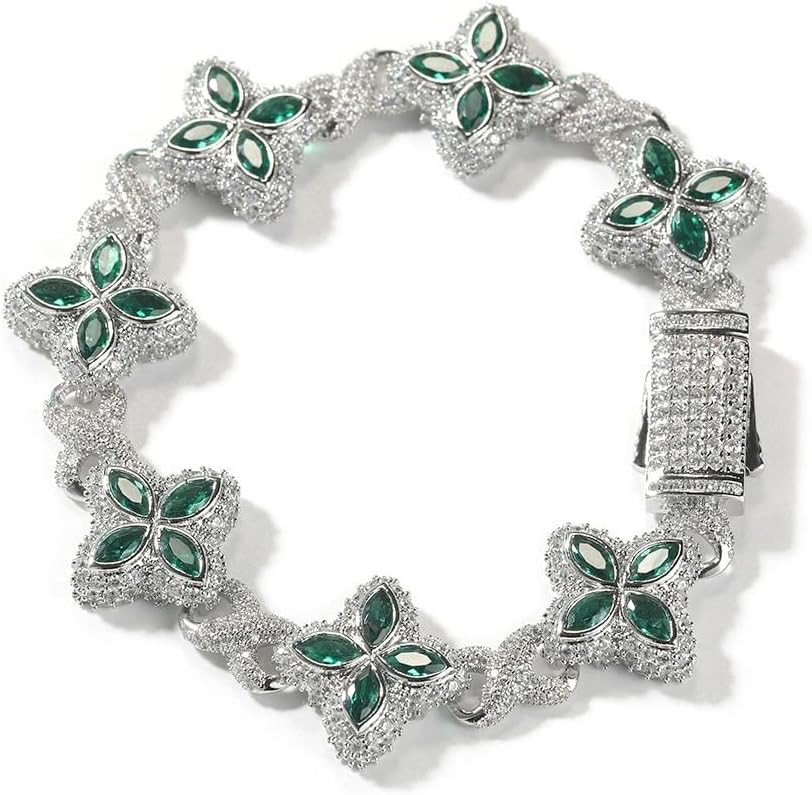 Lulu Mel Cross Infinity Charm Cuban Chain Bracelet for Men Women, Iced Out Silver Colorful Prong Setting 5A Cubic Zirconia Diamond Fashion Four-Leaf Cuban Bracelet for Rapper Gift