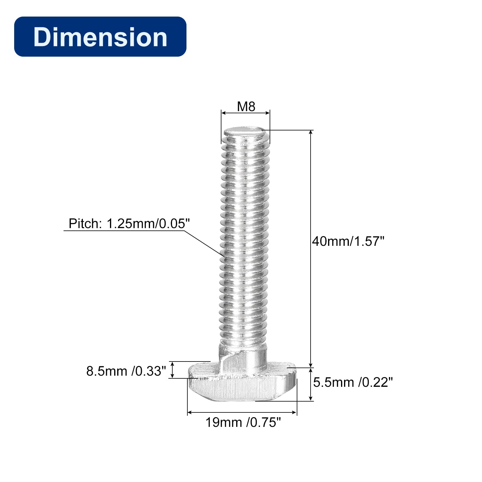 QUARKZMAN 20 Stück Hammerkopfschrauben T-Nut Schrauben, M8 x 40mm Hammerkopf Schraube T-Schraube Einsteckbolzen für 4545 Serie T-Nut Aluminium Profil, 304 Edelstahl, Silber
