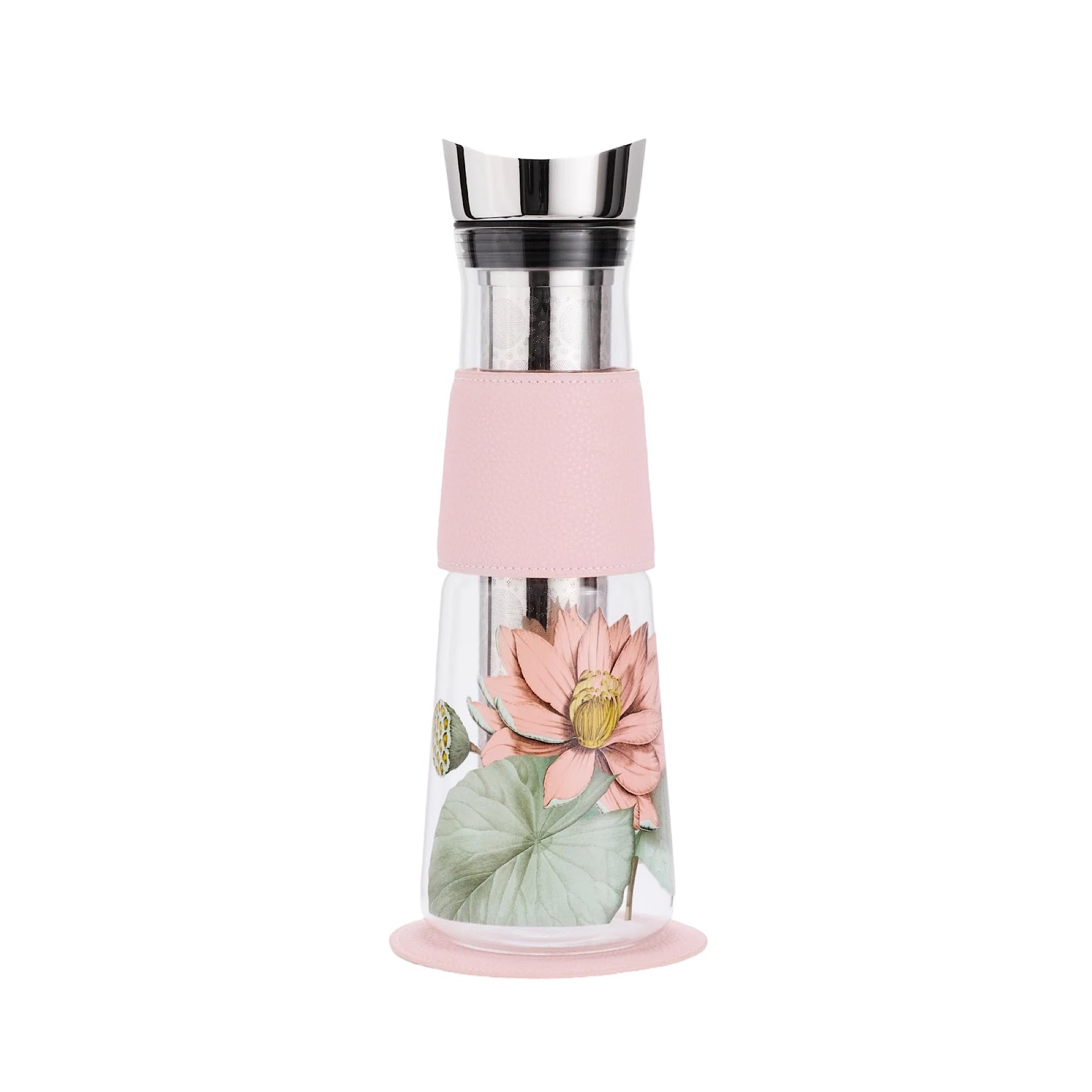Jarra EVE Padma Rosa – con colador de acero inoxidable extraíble, manguito de piel sintética y platillo – Cristal de borosilicato neutro y resistente a la temperatura – Capacidad de 1,25 L