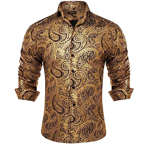 DiBanGu Mens Paisley Dress Shirt Luxury Printed Long Sleeve Button Down Shirts Regular Fit Shiny Shirts for Wedding Prom