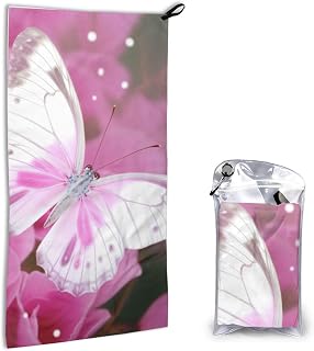 Microfiber Quick Dry Towel with Storage Bags and Carabiners 16x31.5 Inch | Pink And White Butterfly Printed Lightweight Absorbent Travel Bath Camping Towels For Gym Beach Camping Hiking